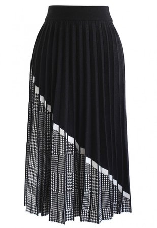 Houndstooth Hem Pleated Knit A-Line Midi Skirt - NEW ARRIVALS - Retro, Indie and Unique Fashion black