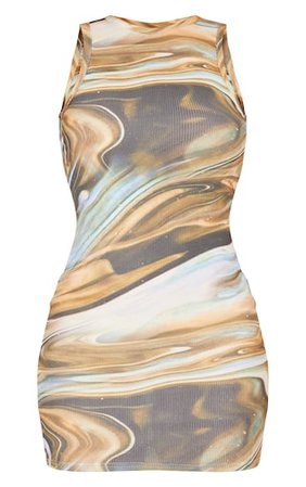 Beige Marble Print Rib Racer Neck Sleeveless Dress | PrettyLittleThing