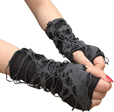 Mrotrida Women's Punk Fingerless Glove Cosplay Ripped Gloves for Halloween Costume Party 1Pair Black