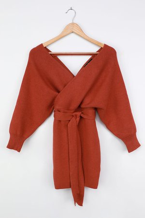 Cute Rust Brown Dress - Bodycon Dress - Surplice Sweater Dress - Lulus