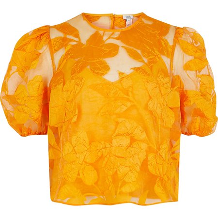 Orange floral organza puff sleeve top | River Island