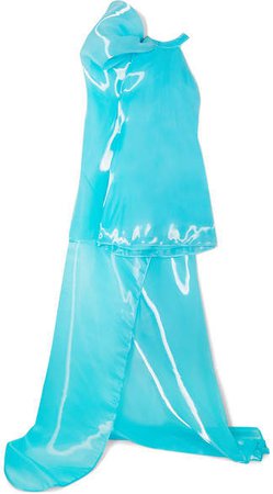 Asymmetric Bow-embellished Organza Mini Dress - Light blue