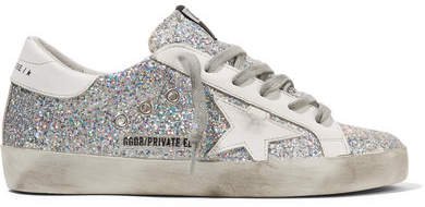 Superstar Distressed Glittered Leather Sneakers - Silver