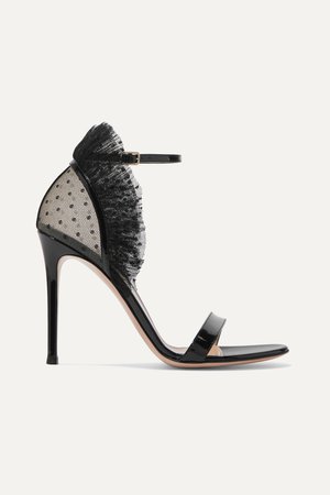 Black 105 ruffled point d'esprit and patent-leather sandals | Gianvito Rossi | NET-A-PORTER