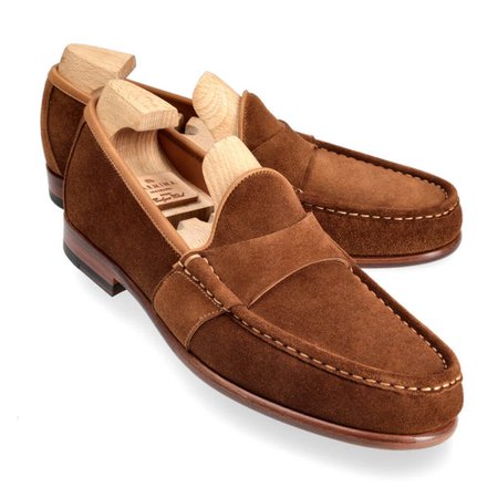 brown suede penny loafers
