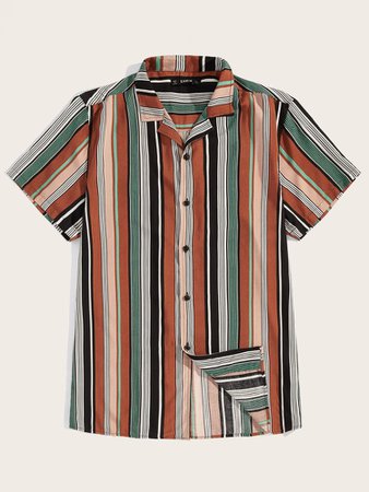 Men Notched Colorblock Striped Shirt | SHEIN USA