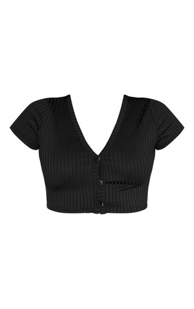 Black Rib Button Short Sleeve Crop Top | PrettyLittleThing USA
