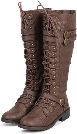 Amazon.com | WEST Coast Women's Knee High Riding Boots Lace Up Buckles Winter Combat Boots | Knee-High