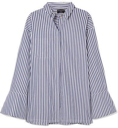 Faux Pearl-embellished Striped Organic Cotton Shirt - Navy