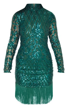 Emerald Green Sequin Tassel Hem Dress | PrettyLittleThing