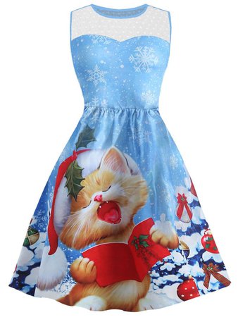 DressLily.com: Photo Gallery - Christmas Snowflake Cat Print Mesh Panel Dress