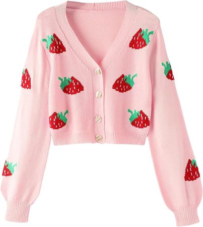 MakeMeChic Women's Strawberry Print Long Sleeve Button Down Cropped Cardigan Sweater Pink S at Amazon Women’s Clothing store