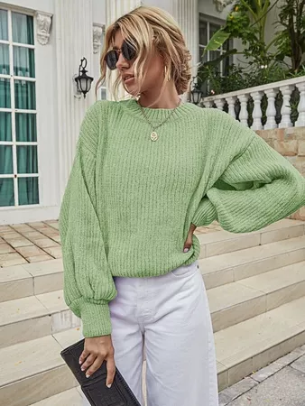 Solid Rib-Knit Drop Shoulder Sweater | SHEIN USA