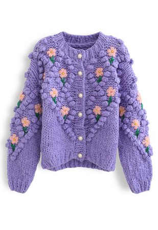 Stitch Floral Diamond Pom-Pom Hand Knit Cardigan in Purple - Retro, Indie and Unique Fashion