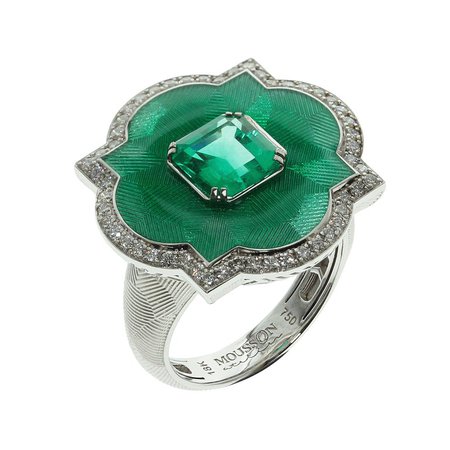 GRS Certified 1.55 Columbian Emerald Diamond Enamel 18 Karat Gold Cocktail Ring by Mousson Atelier