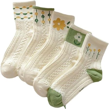 Flixxo 5 Pair Cute Socks for Women Cottagecore Lace Ruffle Ankle Socks Cable Knit Cotton Socks Coquette Aesthetic Socks (Green,Onesize) at Amazon Women’s Clothing store