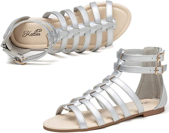 Amazon.com | katliu Women Gladiator Flat Sandal Open Toe Strap Two Ankle Buckle Sandals Summer Zipper Gladiator Sandal Silver 9 | Flats