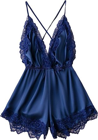 WDIRARA Women's 2023 Satin Teddy Lingerie Lace Deep V Backless Sleeveless Romper Sleepwear at Amazon Women’s Clothing store