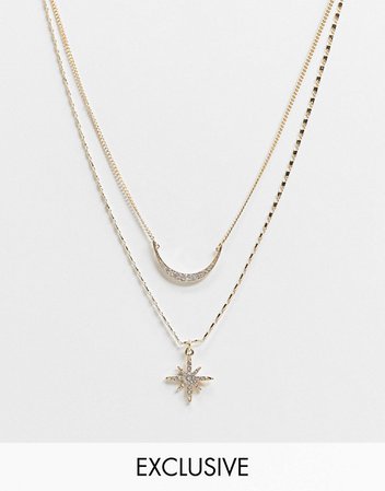Reclaimed Vintage inspired multirow necklace with star and crescent moon in gold | ASOS