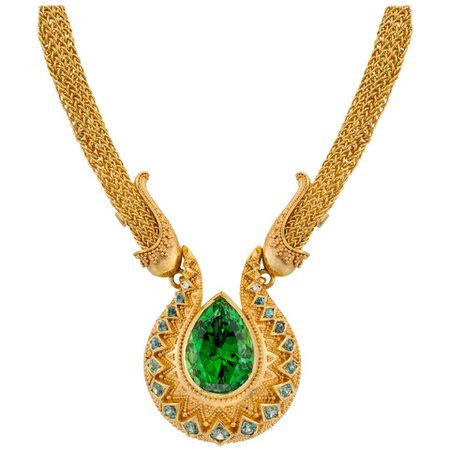 Kent Raible Chrome Tourmaline Necklace, 18k gold granulation and woven chain For Sale at 1stDibs