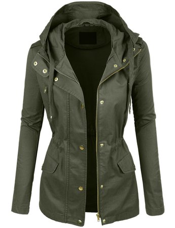 LE3NO Womens Lightweight Cotton Military Anorak Jacket with Hoodie in Olive Green