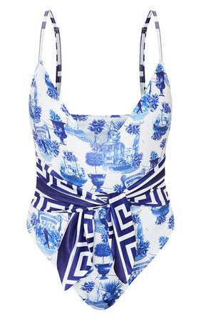 Blue Greek Key Tie Waist Swimsuit | PrettyLittleThing USA