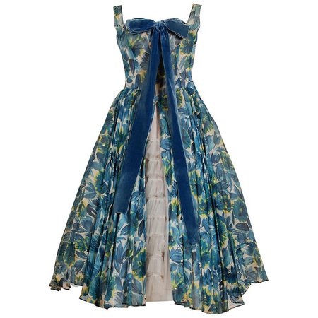 1950's Will Steinman Sequin Blue Floral Silk-Organza and Ruffle Tulle Party Dress For Sale at 1stdibs