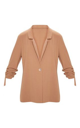 Camel Ruched Sleeve Blazer | Coats & Jackets | PrettyLittleThing
