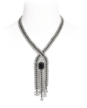 Necklace, metal and rhinestones, silver, glass and black - CHANEL