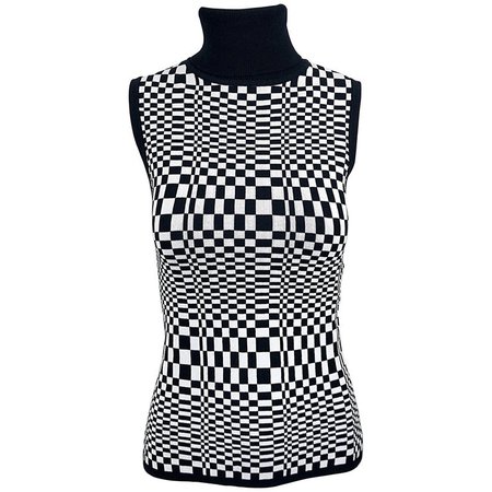 1990s Black and White Op Art 3 - D Print Sleeveless Vintage Knit Turtleneck Top For Sale at 1stdibs