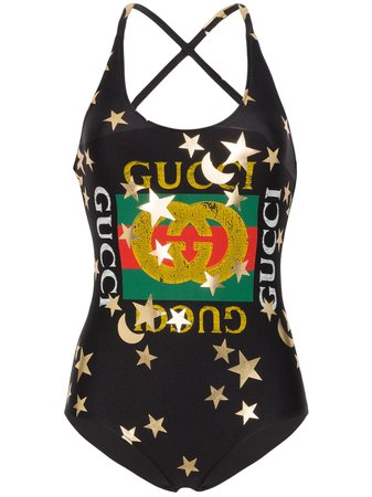 Gucci Sparkling Logo-Print Swimsuit 501899XJBGL Black | Farfetch
