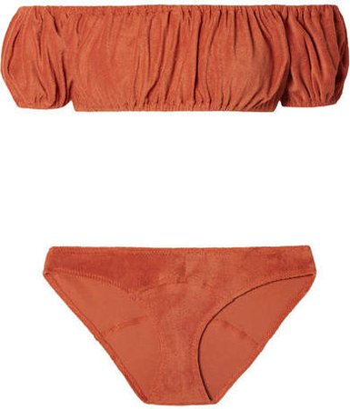 Leandra Off-the-shoulder Ruched Cotton-blend Terry Bikini - Orange