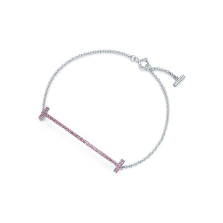 Tiffany T smile bracelet in 18k white gold with pink sapphires, medium. | Tiffany & Co.