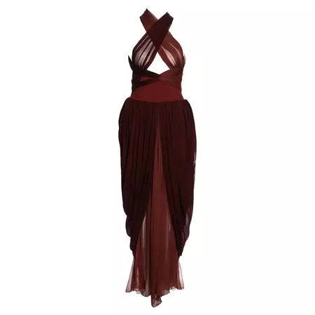 Dolce and Gabbana burgundy silk chiffon dress with bandage straps, ss 1990 For Sale at 1stDibs