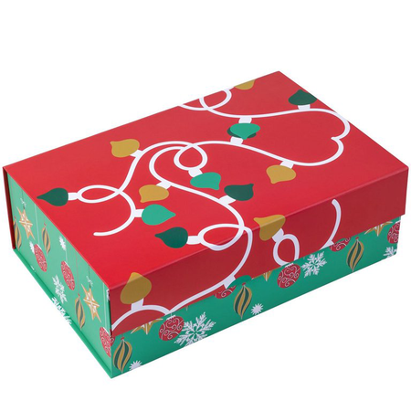 14x9x4.3 Inches WRAPAHOLIC 1 Pcs Christmas Gift Box with Lid - 14x9x4.3 Inches Red and Green Christmas Ornaments Design Gift Box, Collapsible Gift Box with Magnetic Closure and 2 Pcs Tissue Paper