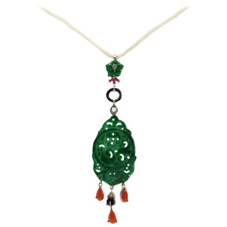 Green Agate,Red Coral ,Onyx, Ruby, Diamonds Gold and Silver Pendant Necklace For Sale at 1stDibs