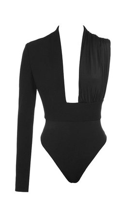 Clothing : Bodysuits : 'Skye' Black One Sleeved Draped Bodysuit