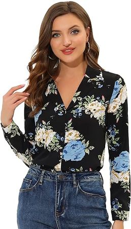 Allegra K Floral Shirts for Women's Vintage Camp Collar Button Down Blouse at Amazon Women’s Clothing store