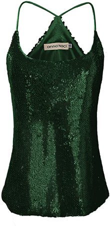 Anna-Kaci Womens All Over Matte Sequin Spaghetti Strap Vest Tank Top, Green, X-Large at Amazon Women’s Clothing store