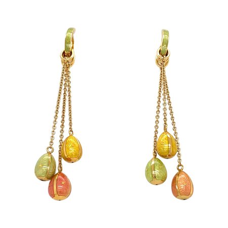 Faberge 18kt Yellow Gold and Peach, Green and Yellow Enamel Hanging Eggs Earrings For Sale at 1stDibs