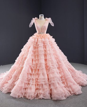 Princess «Mary-Lara» Evening Dress in Pink Sequined Tulle / 0124
