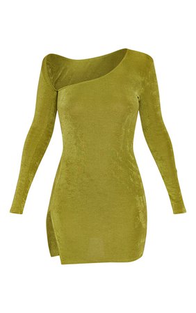 Olive Acetate Slinky Asymmetric Neck Long Sleeve Bodycon Dress - Short Dresses - Dresses - Womens Clothing | PrettyLittleThing USA
