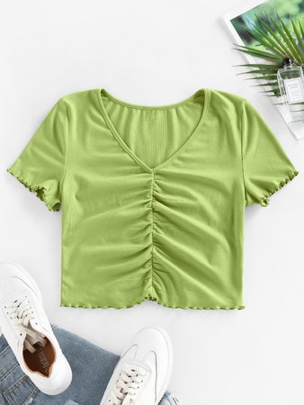 [34% OFF] 2021 ZAFUL Ribbed Ruched Lettuce Trim T Shirt In GREEN | ZAFUL