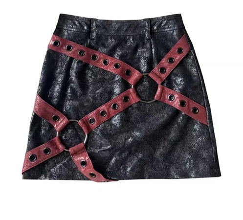 black red o ring leather skirt
