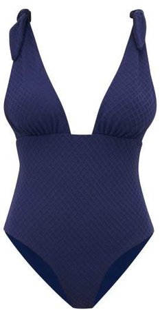 Daphne Shoulder Tie Jacquard Swimsuit - Womens - Navy