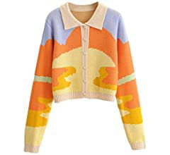 Amazon.com: Women's Y2K Floral Print Sweater V Neck Long Sleeve Cardigan Sweater Open Front Button Down Sweet Coat Tops (Style 3-Apricot, M) : Clothing, Shoes & Jewelry