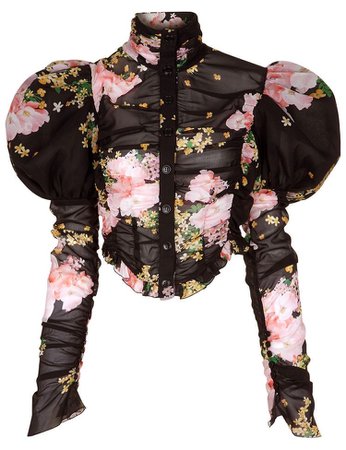 ALESSANDRA RICH Black Floral Puff Sleeve Blouse
