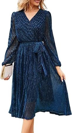 Amazon.com: GRACE KARIN Women’s 2024 Flowy Wrap V Neck Long Sleeve Midi Dress Glitter Chiffon Wedding Guest Dress with Belt : Clothing, Shoes & Jewelry