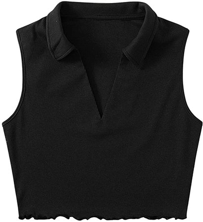 SheIn Women's Sleeveless Lapel Collar Crop Tank Tee Tops Solid Rib Knit Vest at Amazon Women’s Clothing store