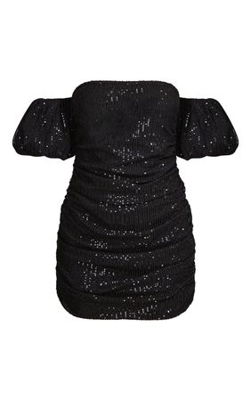 Black Sequin Bardot Puff Sleeve Bodycon Dress | PrettyLittleThing USA
